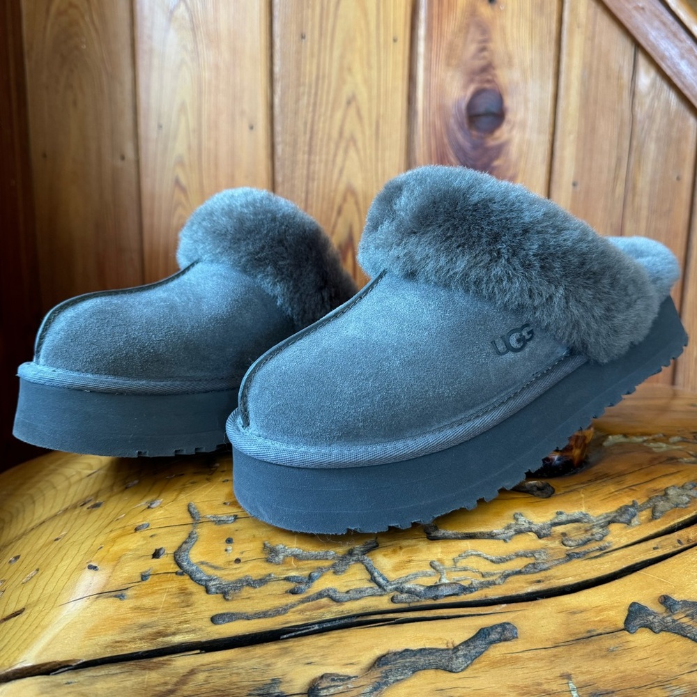 UGG Disquette Platform Shearling Slippers, Suede Fur-Lined Mules, Charcoal Gray
